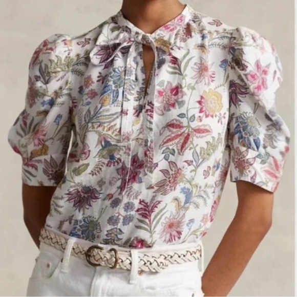 Polo Ralph Lauren Linen Top‎ Size 6 Floral Short Sleeve Tie NeckNWT $248